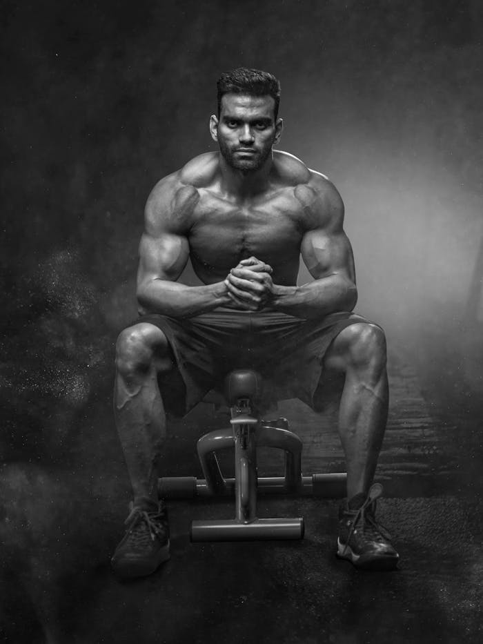 A powerful bodybuilder sitting with intense focus, showcasing muscular definition and strength.
